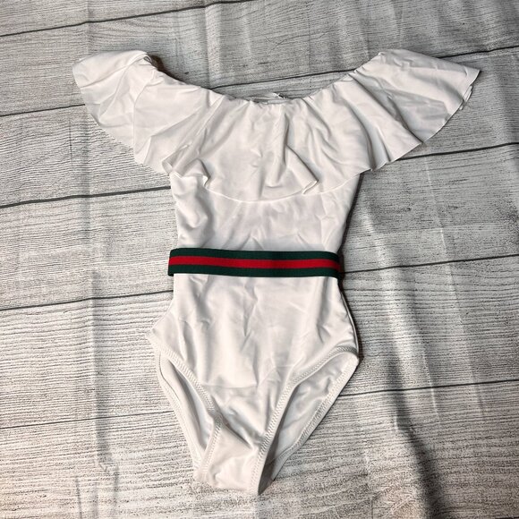 Stella Cove NWT Girls White Ruffle Red Green Fixed Belt One Piece Swimsuit Sz 2Y - Picture 2 of 3